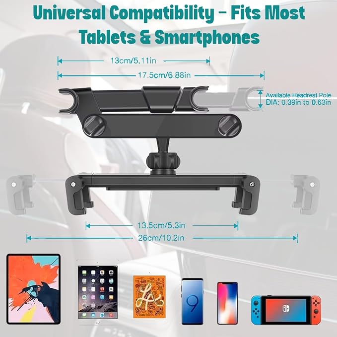 Adjustable Car Headrest Tablet and Phone Holder, Backseat Mount with Extendable Arm, Universal Fit Travel Stand for Smartphones and Tablets, Secure & Stable for Road Trips