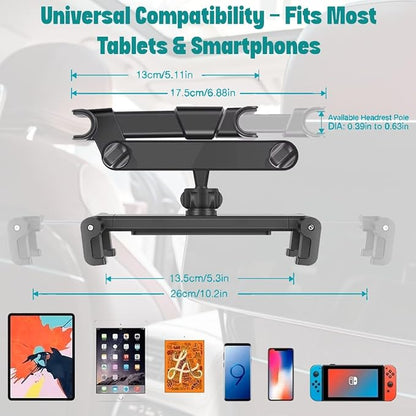 Adjustable Car Headrest Tablet and Phone Holder, Backseat Mount with Extendable Arm, Universal Fit Travel Stand for Smartphones and Tablets, Secure & Stable for Road Trips