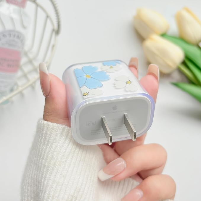 Lovmooful Compatible for iPhone 18W/20W USB-C Charger Cover Clear Lovely Flower Floral Design Soft Charger Protector Cute Cable Case Saver Protector for Girls Women-Big Blue Flower