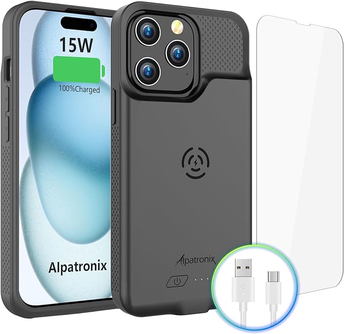 Alpatronix Battery Case for iPhone 15 Pro Max & 15 Plus, Portable Strong Slim Protective Extended Charger Case, 15W Fast Charging, 7000mAh Wireless Charging Case, Apple Pay, CarPlay (BX15PM) –Black