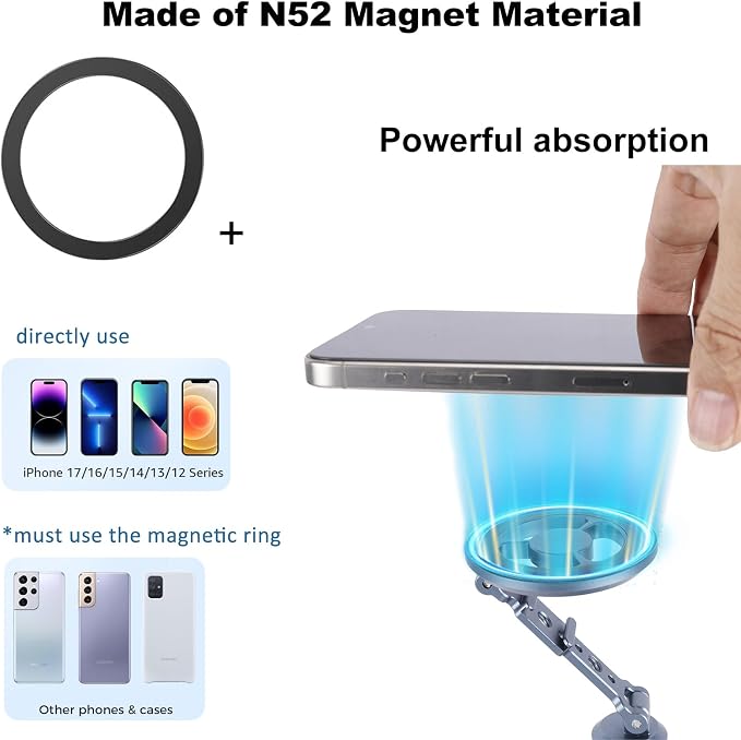 NICEYRIG Magnetic Aluminum Phone Holder for 1/4’’ Thread Mount, for iPhone 17 16 15 14 13 12 and Android Smartphone, with Magnetic Ring - 621