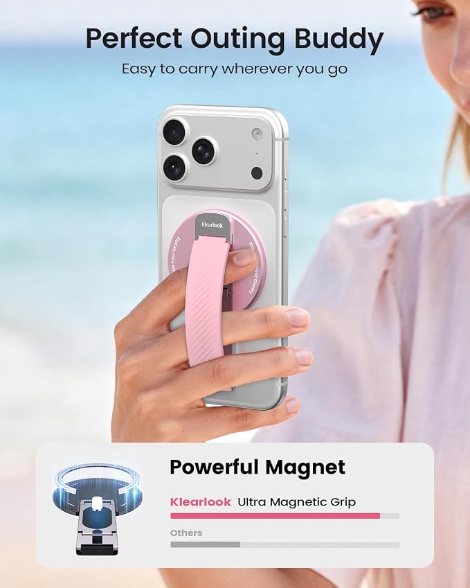 2026 Klearlook for MagSafe Phone Grip with Silicone Finger Strap, Removable Magnetic Phone Ring Holder with Adjustable Kickstand, Finger Phone Ring Grip for iPhone 17/16/15/14/13/12 Series, White