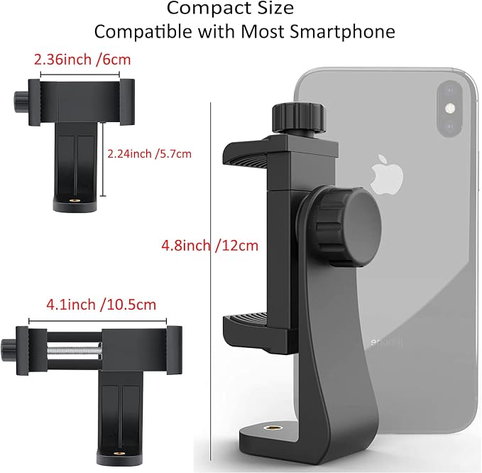 Cell Phone Tripod Mount Adapter, Universal Phone Holder Adjustable Clamp, 360 Degree Rotatable Bracket 1/4" Screw Clip for iPhone, Samsumg, Selfie Stick, Monopod (Black-1 Pack)
