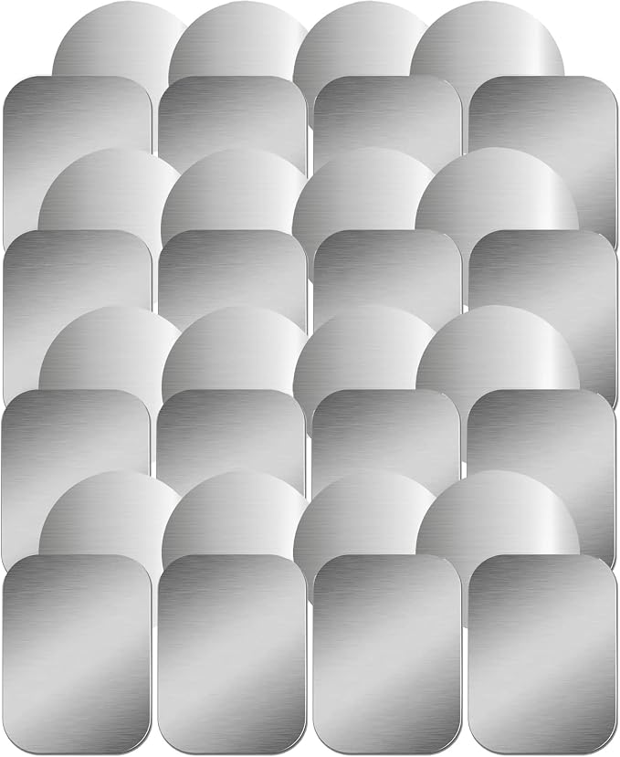 SALEX Phone Metal Stickers for Magnetic Mount. Replacement Set of 32 Car Magnet Metal Plates Inside Cell Phone Case. Silver Sticky 3M Adhesive Small Round Rectangular Iron Discs for Holder Crafts