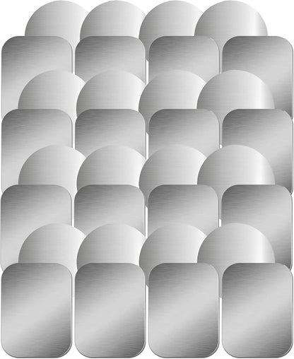 SALEX Phone Metal Stickers for Magnetic Mount. Replacement Set of 32 Car Magnet Metal Plates Inside Cell Phone Case. Silver Sticky 3M Adhesive Small Round Rectangular Iron Discs for Holder Crafts
