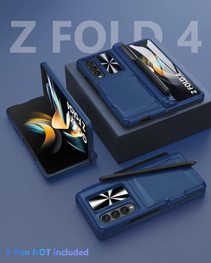 Viaotaily Galaxy Z Fold 4 Case with Card Holder & S Pen Slot & Hinge Protection & Kickstand, Built-in Screen Protector & Slide Camera Lens Cover, Shockproof Case for Samsung Z Fold 4 5G 2022 (Blue)