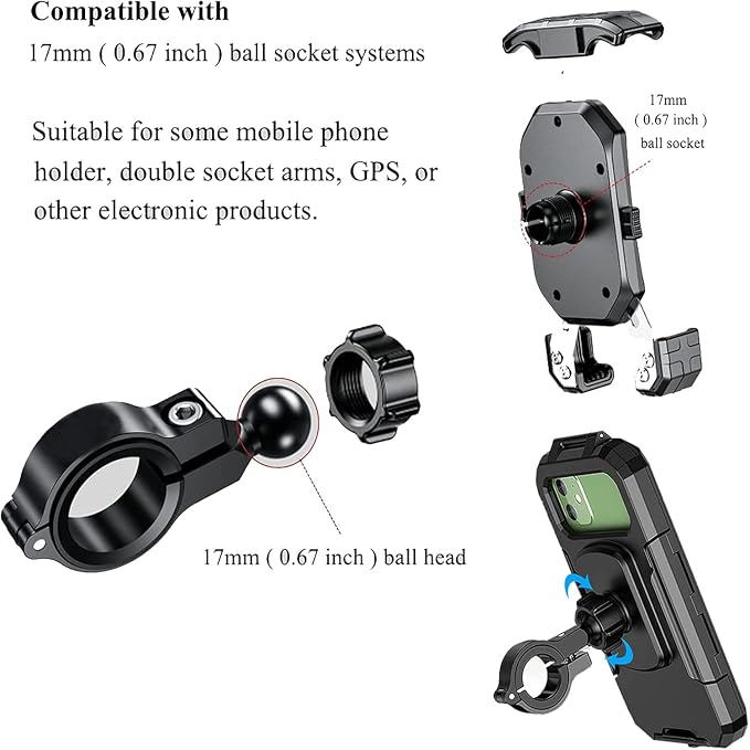 Bike Handlebar Mount, Aluminum Alloy Clamp Mounts Base Ball Adapter with 0.67"(17mm) TPU Ball for Round Rails, Compatible with RAM Mounts Ball Socket Arm