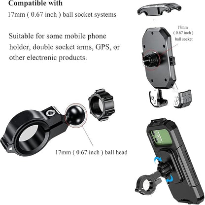 Bike Handlebar Mount, Aluminum Alloy Clamp Mounts Base Ball Adapter with 0.67"(17mm) TPU Ball for Round Rails, Compatible with RAM Mounts Ball Socket Arm