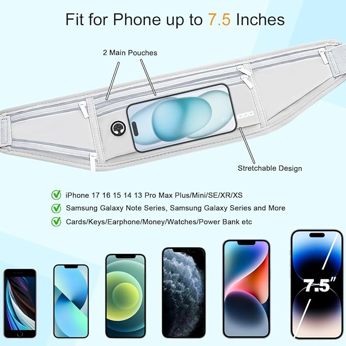 Fanny Pack with Water Bottle Holder, Slim Running Hydration Belt for Women Men, Water Resistant Waist Pack for iPhone Samsung, No Bounce 4 Pockets Phone Holder for Running Walking Outdoor（Grey）