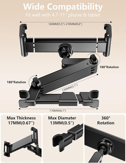 Tablet Holder for Car Headrest, ipad Car Holder Back Seat [3 in 1 Extension Arm], 360° Rotating Adjustable Road Trip Essentials for 4.7-11" iPad Pro, Air, Mini, Galaxy, Fire