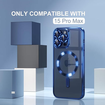 Misea Magnetic for iPhone 15 Pro Max Case with MagSafe [Never Yellowing] [Military Grade Drop Protection] Full Camera Lens Protector Plating Soft Clear Phone Case for Women Girls, Deep Blue