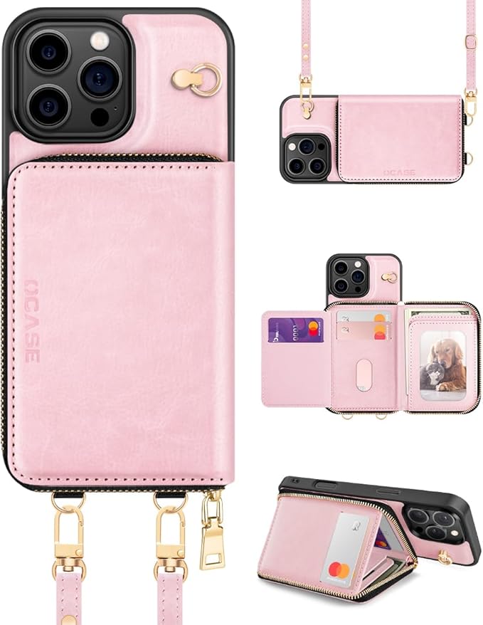 OCASE Compatible with iPhone 16 Pro Crossbody Wallet Case with Card Holder, PU Leather Zipper Handbag Phone Purse with RFID Blocking Kickstand Wrist Strap Lanyard 6.3 Inch, Pink