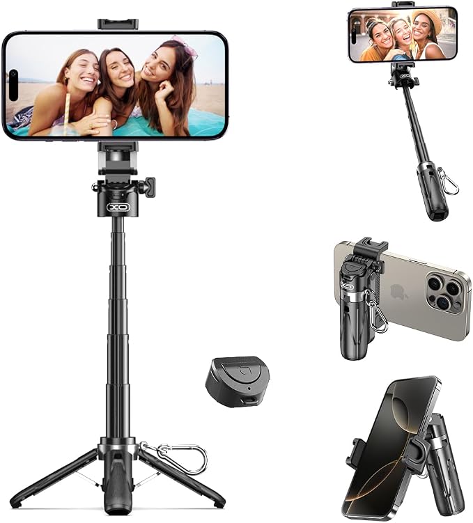 Retractable Mini Tripod for Cell Phone, Portable Selfie Stick Travel Phone Tripod with Remote Control Cell Phone Holder, Sturdy & Stable Adjustable Multi-Angle Shot Selfie Stick for Video Recording