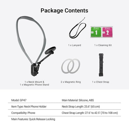 NEEWER Magnetic Phone Neck Holder, Quick Release Cell Phone Chest Mount Stand Adjustable Compatible with MagSafe iPhone Samsung Android, Accessories Kit for POV Vlogging Selfies Video Recording, GP47