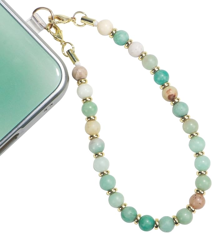 TEAMOLA Natural Stone Phone Charm, Handmade Crystal Cellphone Chain for Universal, Beaded Healing Anti Theft Phone Wrist Strap with Tether Tab, Amazonite