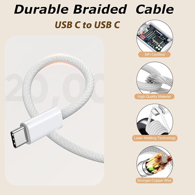 USB C Charger Fast Charging for iPhone 17,3Pack 20W Type C Fast Charging Block with 10FT Extra Long USB C-C Woven Cable Charger Compatible with iPhone Air/17/16/15 Pro Max,iPad Pro/Air/Mini,AirPods