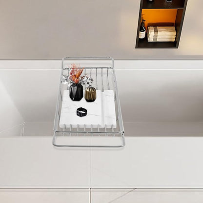 Expandable Bathtub Tray Caddy for Luxury Bath, Extra Wide Acrylic Tub Tray with Natural Marble Board, Waterproof Bath Tub Shelf for Phone, Wine, Book, Tablet Stand - Ideal Home Spa (Silver, White)