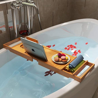 Bathtub Shelf Bamboo Bath Tub Tray with Extending Sides Built in Book Tablet Integrated Wineglass Holder Phone Tray Bathtub Tray (Color : Brown Size : 73cm x 23cm)