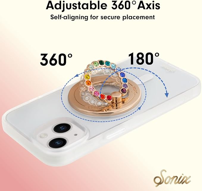 Sonix Magnetic Phone Grip and Phone Ring Holder - Compatible with MagSafe - Rotatable Kickstand and Phone Holder for iPhone 16, 15, 14, 13, 12 Series - Gold/Rainbow Rhinestone
