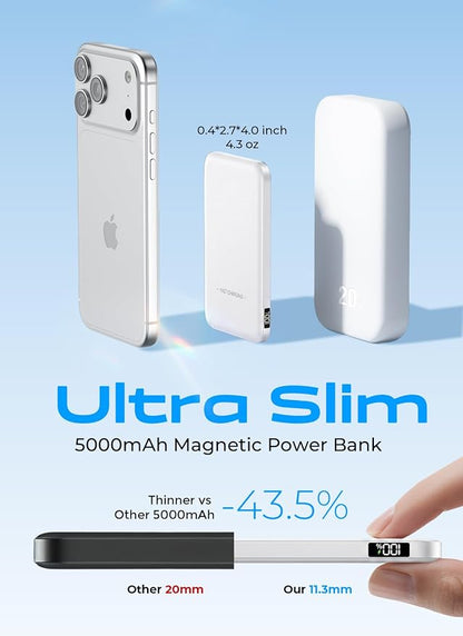 0.4" Ultra Slim Magnetic Portable Charger, 50% Smaller 5000mAh Power Bank with LED Display, Fast Charging Wireless Battery Pack, Travel Essential MagSafe Compatible Charger for iPhone 17/16/15 - White