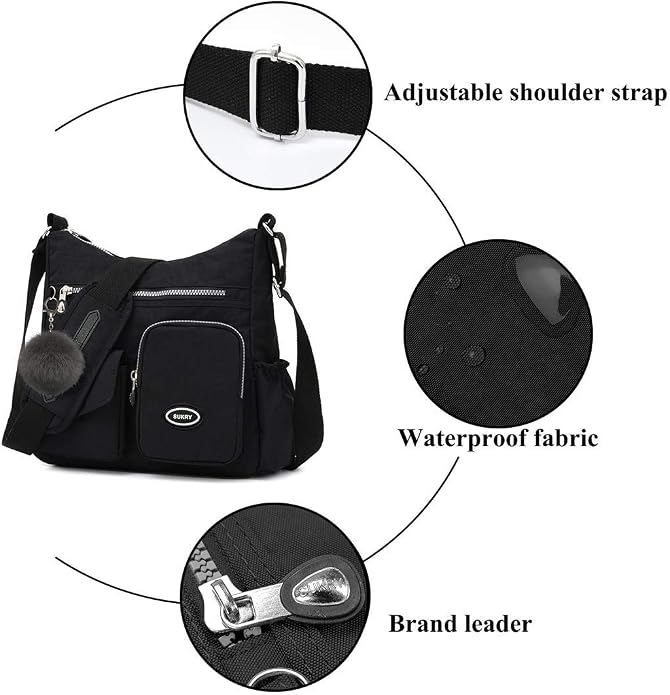 SUKRY Nylon Crossbody Bag for Women with Anti theft RFID Pocket, Waterproof Shoulder Bag Travel Purses and Handbag