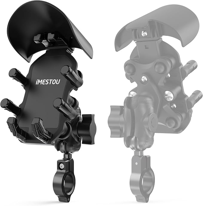 iMESTOU Anti-Vibration Motorcycle Phone Mount, Shock Damping Bike Cellphone Holder with 1" Ball Mount Base 720° Rotatable Fits for 12-32mm Handlebars, Widely Compatible with 5.4"-7.0" Smartphones