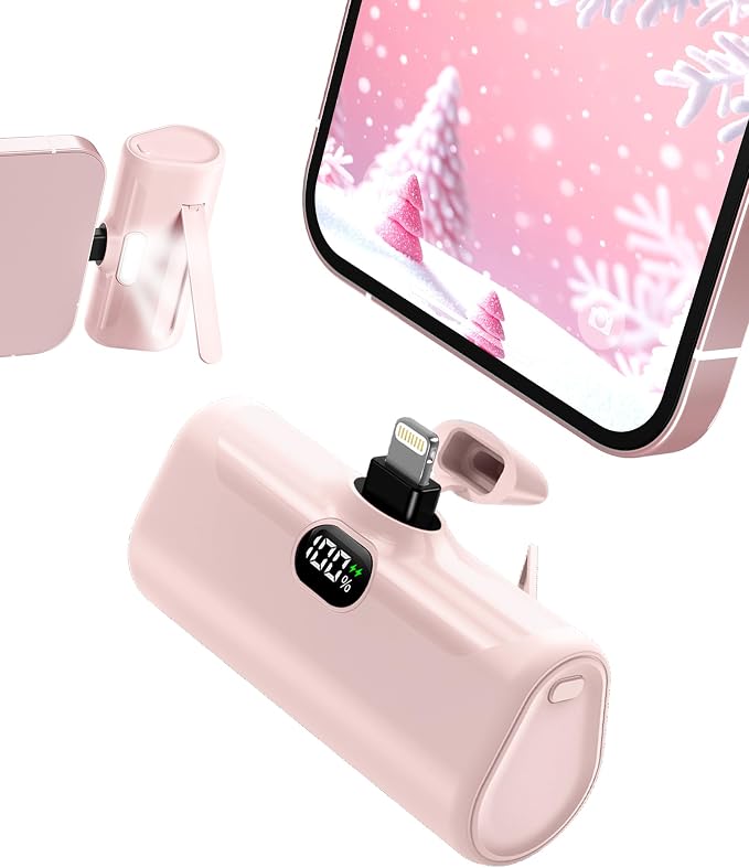 Pink Small Portable Charger for Lightning Builtin Metal Stand Lightweight Power Bank 5000mah With Digital Display Mini External Battery Pack for iPhone 14/13/13pro/13pro max/12/11/XR/6/6s/iPad/SE