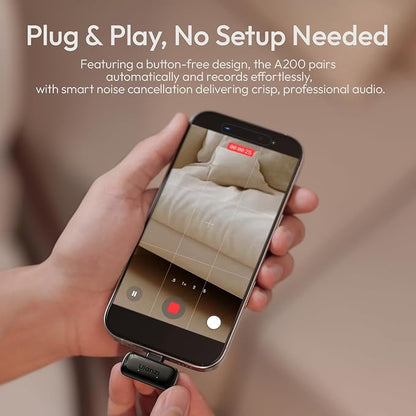 ULANZI A200 Mini Mic Wireless Lavalier Lapel Microphone for iPhone 17/16/15 Type-C, 48kHz/24-bit, Plug & Play, Smart Noise Cancelling, Digital Display, 30H Battery for Video Recording