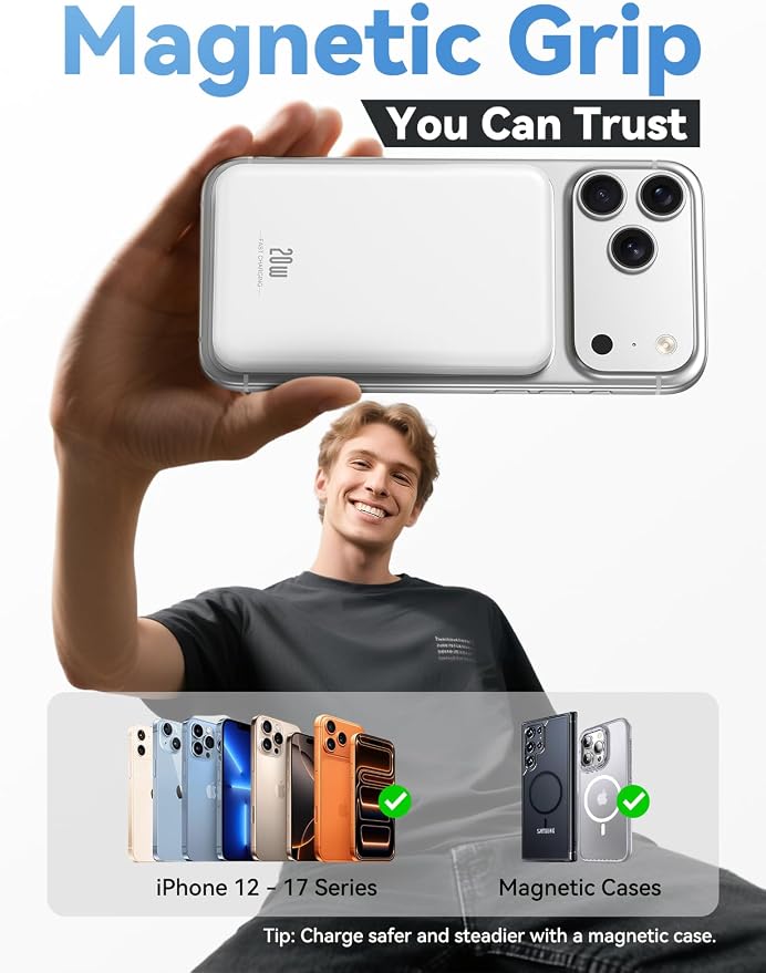 Magnetic Portable Charger, 10000mAh for Magsafe Battery Pack, 20W Fast Charging Power Bank, Travel Essential of Wireless Charger Compatible with iPhone 17/16/15/14/13 Pro/Max/Air/Plus-White