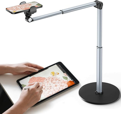 Heavy Duty Aluminum Overhead Phone Stand for Recording, Adjustable iPhone Tripod for Overhead Shots, Sturdy Stand for Cooking, Crafting, Filming, Painting – Perfect for Creators（Clip）