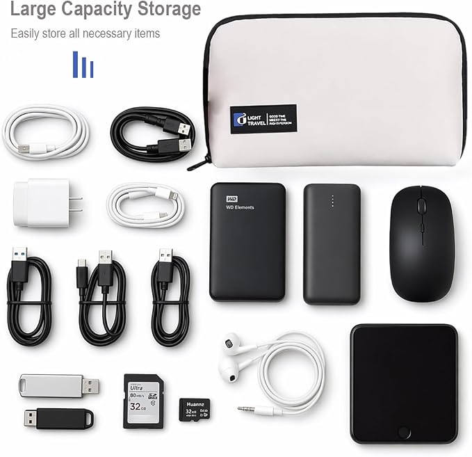 Tech Pouch,Travel Cord Rrganizer Case,Waterproofing Data Cable Storage Bag，9inches*5inches,For Charger, Cables, USB Drive,Phone,Power Bank,Memory Card(White)