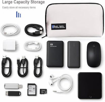 Tech Pouch,Travel Cord Rrganizer Case,Waterproofing Data Cable Storage Bag，9inches*5inches,For Charger, Cables, USB Drive,Phone,Power Bank,Memory Card(White)