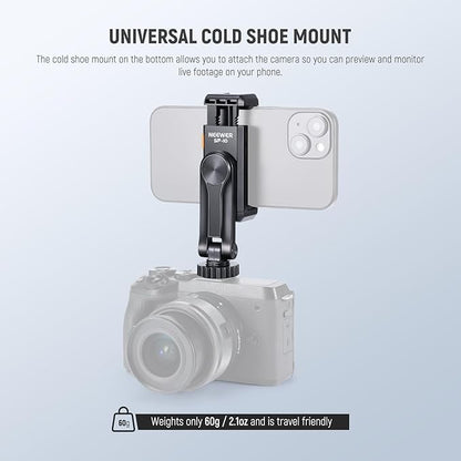 Neewer Basic Phone Tripod Mount Holder with 1/4" Thread & Cold Shoe, 2.36"-3.54"/6-9cm 360° Rotatable Camera Mount Cellphone Clamp for iPhone 15 14 13 12 11 Pro Max X XR Samsung S24 Ultra, SP-10