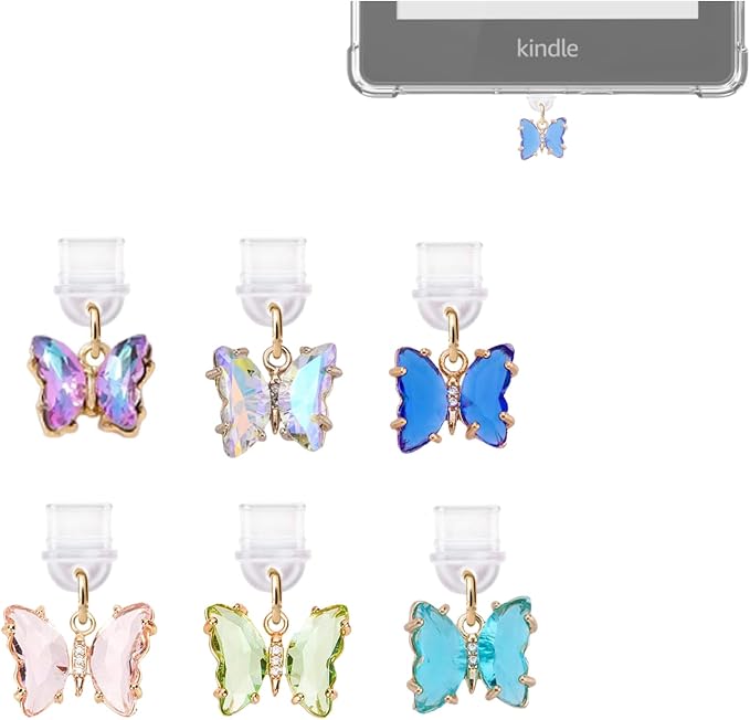 Butterfly Dust Plug Charm Compatible with Kindle Paperwhite 2021 Released,Type C/USB C Dust Plug,Set of 6