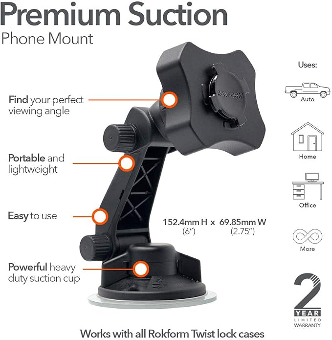 Rokform - Adjustable Windshield Phone Mount Secured by Strong Suction Cup Base, 210 Degrees of Tilt and 360 Degree of Rotation Phone Holder Compatible with ALL Rokform Twist Lock Cases