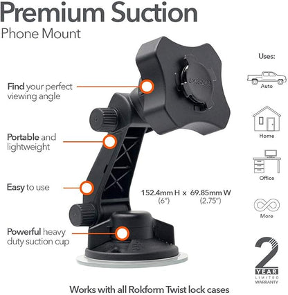 Rokform - Adjustable Windshield Phone Mount Secured by Strong Suction Cup Base, 210 Degrees of Tilt and 360 Degree of Rotation Phone Holder Compatible with ALL Rokform Twist Lock Cases