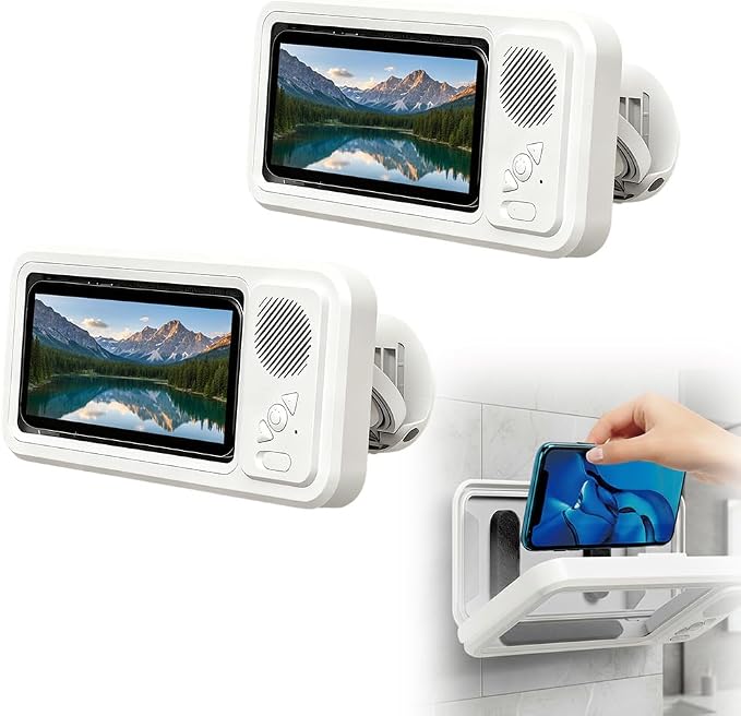 2026 Upgraded Waterproof Phone Holder with Speaker, Shower Phone Holder Waterproof Wall Mounted PhoneHolder, Built-in Smart Bluetooth Speaker, Waterproof/Fog-Resistant for Any Phone (2)