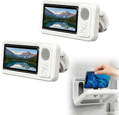 2026 Upgraded Waterproof Phone Holder with Speaker, Shower Phone Holder Waterproof Wall Mounted PhoneHolder, Built-in Smart Bluetooth Speaker, Waterproof/Fog-Resistant for Any Phone (1)