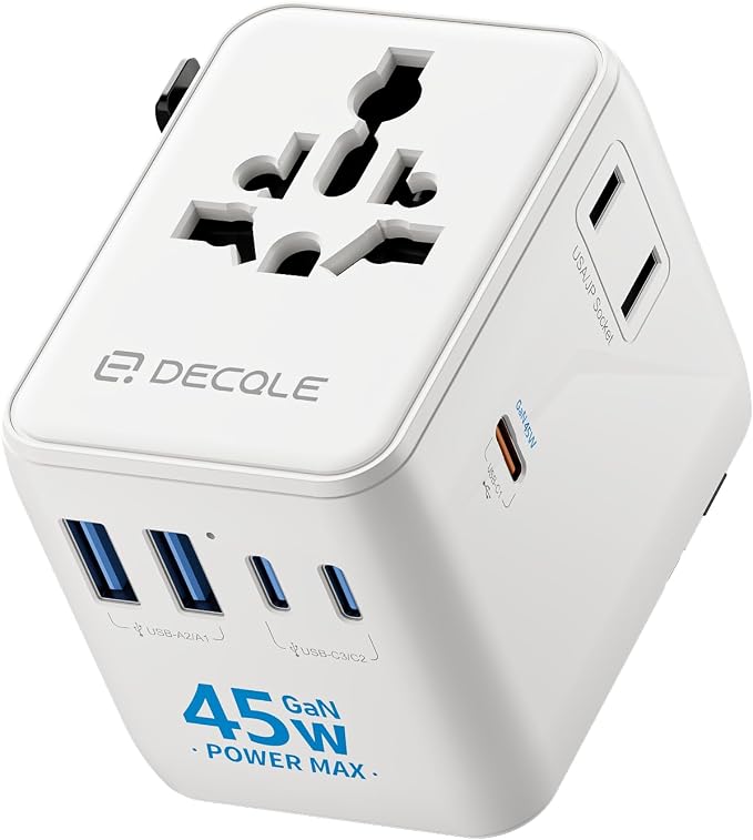“Pro” Universal Travel Adapter 3 USB-C＆ 2 USB-A Cover 200+ Countries | GaN 45W, International Plug Adapter, All in One Portable Adapter, NOT A Voltage Converter, for USA, UK, EU, AU (White)