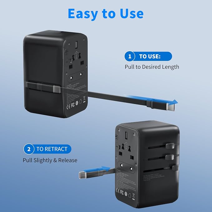 70W GaN Universal Travel Adapter - 6-in-1 International Plug Adapter Wall Charger for 200+ Countries, Built-in USB-C Cable Multi Port Fast Charging Worldwide - US/EU/UK/AUS
