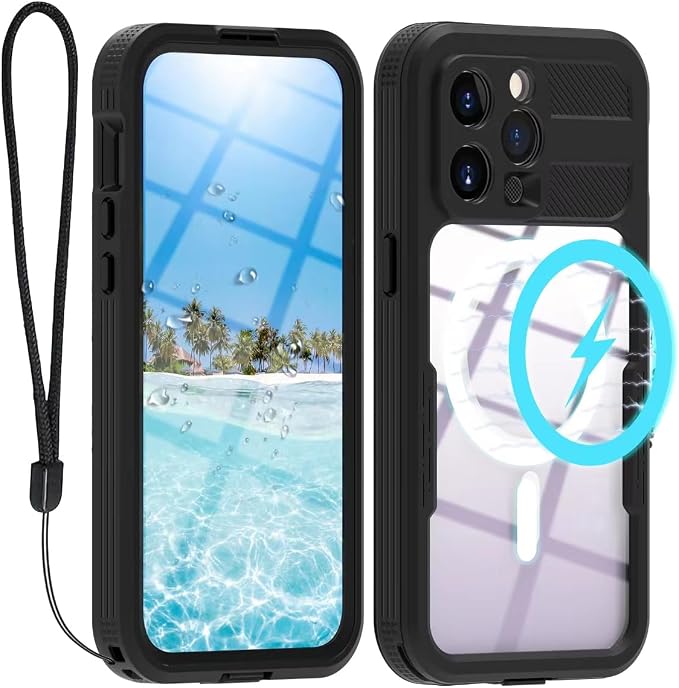 Compatible with iPhone 15 Pro 5G Waterproof Case 6.1 Inch, IP68 Protective with Magsafe, Camera/Lenses/Screen Protector, with Lanyard, Rugged Full Body Shockproof Cover Fundas Black-Clear