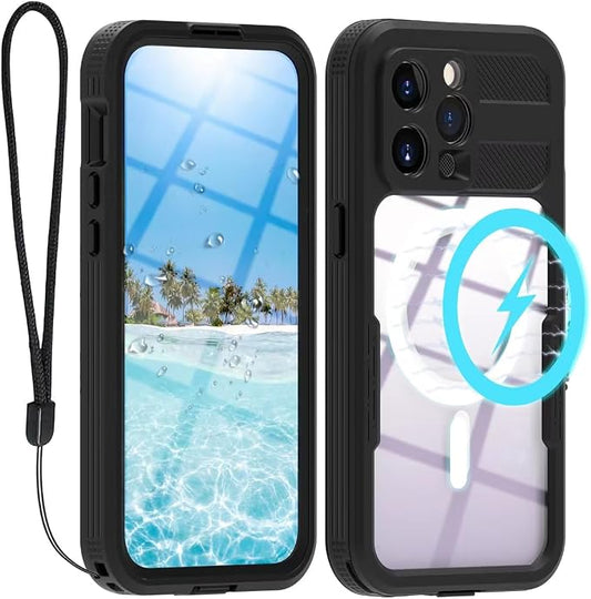 Compatible with iPhone 15 Pro 5G Waterproof Case 6.1 Inch, IP68 Protective with Magsafe, Camera/Lenses/Screen Protector, with Lanyard, Rugged Full Body Shockproof Cover Fundas Black-Clear
