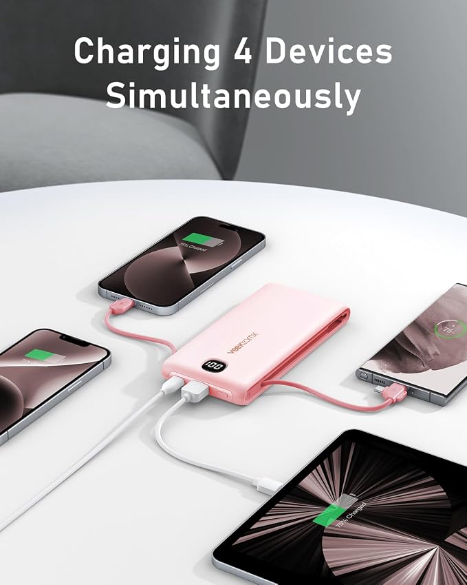 VEEKTOMX Portable Charger with Built in Cables 10000mAh, Power Bank for iPhone with Wall Plug, Travel Essential Fast Charging USB C Slim External Battery Pack for iPhone 17/16/15, Samsung, iPad,etc