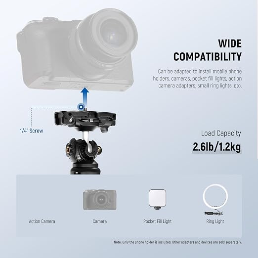 NEEWER TP38 Phone Camera Tripod Selfie Stick with Cell Phone Holder Action Camera Mount Adapter Compatible with iPhone GoPro, Mini Travel Tripod Stand with Cleaning Cloth for Vlogging Video Recording