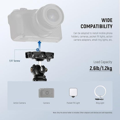 NEEWER TP38 Phone Camera Tripod Selfie Stick with Cell Phone Holder Action Camera Mount Adapter Compatible with iPhone GoPro, Mini Travel Tripod Stand with Cleaning Cloth for Vlogging Video Recording