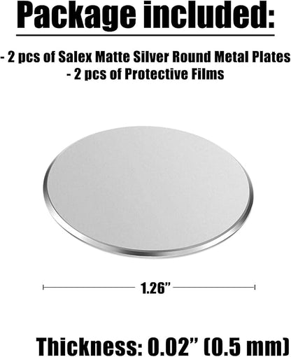 Replacement Metal Plates Set for Magnetic Car Phone Holders, Wall & Air Vent Mounts, Cases, Magnets. Kit of 2 Matte Silver Round Iron Discs without Holes. 3M Adhesive Backing. Steel Disks 2 Pack