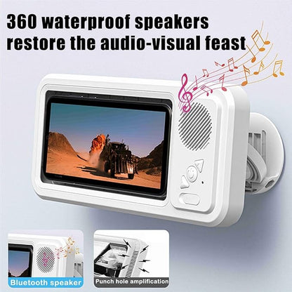 Waterproof Phone Case with Built-in Speaker,480 Rotation Wall Phone Mount Stand,Screen Touch Shower Phones Case Mount Speakers with Suction Cup,Cover Mounts Stand Wireless Bluetooth (White)