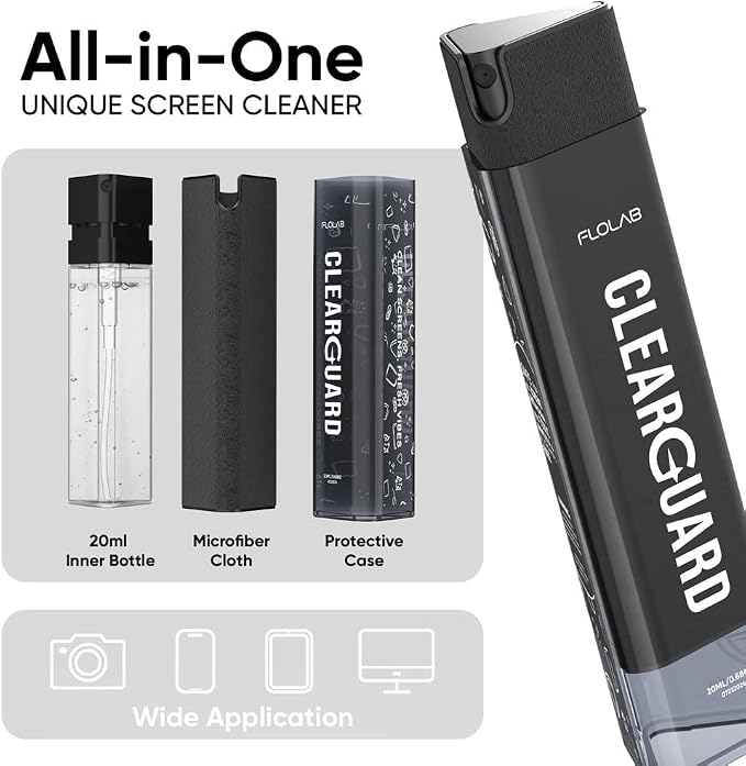 FLOLAB Clear Guard Screen Cleaner for iPhone, Mobile Phone, Laptop, Tablet, Spray and Microfiber Cloth All in one, Easy to Clean, Portable - Smokey Grey