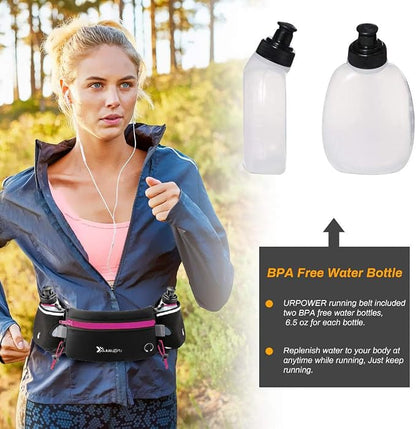 Number-one Running Belt with Water Bottles(2 x 175ML), Hydration Belt Waterproof Waist Pack Bag Fits iPhones Adjustable Sports Waist Pouch for Marathon Running Hiking Cycling, Rose Red