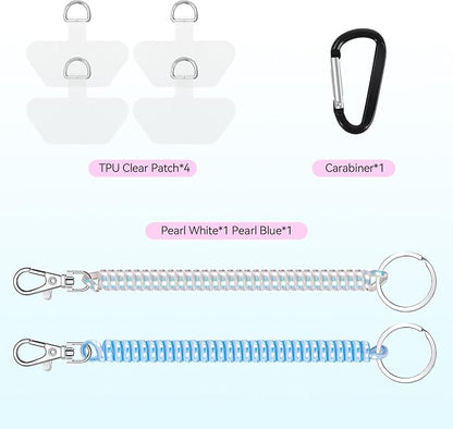 Doormoon Phone Lanyard Leash with 4 Patch, 2* Phone Tether, 4* Phone Tether Tab, 1* Carabiner for Climbing Outdoor Hiking Cycling Skiing Compatible for Smartphones Keys, PearlWhite; PearlBlue
